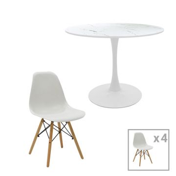 Set de Masa de 5 piese Julita-Balou I -mdf, marmurei, albe, D120x75 cm