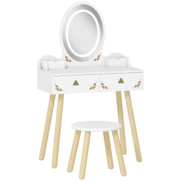 AIYAPLAY Set Măsuță și Scaun pentru Copii cu Oglindă cu Lumini LED în 3 Culori, Sertar, Cutii de Depozitare, pentru 3+ Ani, Alb | Aosom Romania