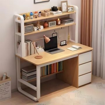 Birou cu Biblioteca Pako World, model Soco, 120x144x50 cm, Natural/Alb