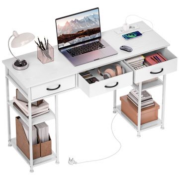 HOMCOM Birou cu depozitare cu prize de curent, 3 sertare din material textil și 4 rafturi de depozitare, 120 x 40 x 76 cm, alb | Aosom Romania