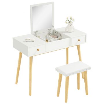 HOMCOM Set coafatoare cu taburet mirror rabatabil stil scandinav 2 sertare 100 x 45 x 118 cm, alb | Aosom Romania