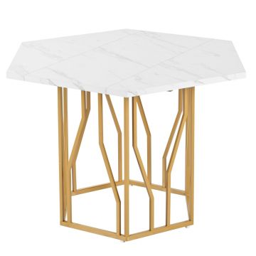 Masă de dining hexagonală modernă, Alb+Auriu | Aosom Romania