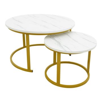 Set 2 Masute de Cafea Model Relevon, Alb marmorat/Auriu, 80x80x45 cm