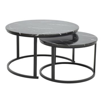Set 2 Masute de Cafea Model Revelon, Negru marmorat/Negru, 80x80x45 cm