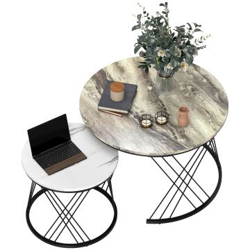 HOMCOM Lot de 2 mese joase gigogne rotunde Ø 70/44,5 cm cu blat efect marmură și picioare din metal, gri și alb | Aosom Romania