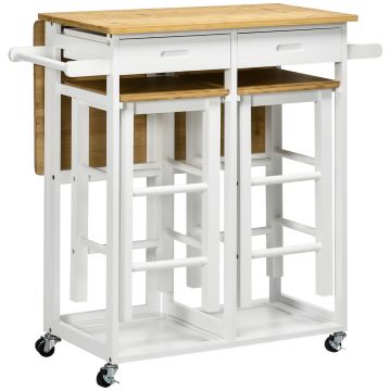 HOMCOM Set masă de bar pliabilă cu roți + 2 taburete alb și lemn deschis - 2 sertare și suport pentru prosop | Aosom Romania