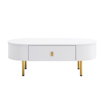 Masă de cafea cu 2 sertare, colțuri rotunjite, mânere și picioare aurii, 108x50x40 cm, Alb