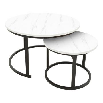 Set 2 Masute de Cafea Model Revelon, Alb marmorat/Negru, 80x80x45 cm
