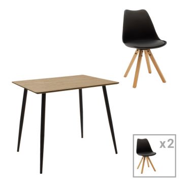 Set de 3 buc masa si scaune Cuba Caron MDF si  PP negru Natural 70x70x75 cm