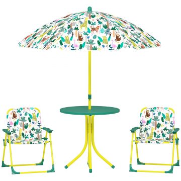 AIYAPLAY Masă de Picnic pentru Copii, Set Masă și Două Scaune Pliabile cu Umbrelă Demontabilă, Tematică Jungle, Mobilier de Exterior pentru Grădină, Terasă, Verde | Aosom Romania