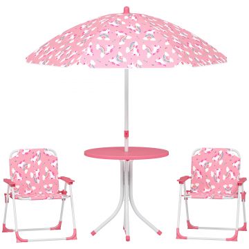 AIYAPLAY Masă de Picnic pentru Copii, Set Masă și Scaune cu 2 Scaune Pliabile și Umbrelă Detasabilă, Temă Junglă, Mobilier de Exterior pentru Grădină, Patio, Roz | Aosom Romania