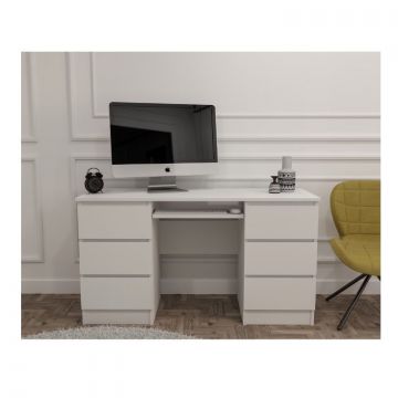 Birou Atelier Denver, dimensiuni 140 x50 x75 cm, culoare alb, include 6 sertare