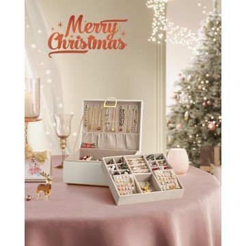 Cutie bijuterii, Songmics, Alb-Auriu, 25.5x22x15.5 cm