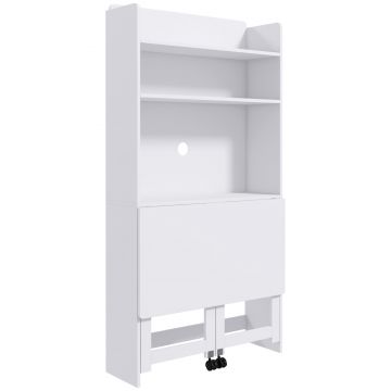 HOMCOM Birou cu Rafturi, Blat Pliabil, 2 Roți și 4 Rafturi, Birou Compact Modern cu Orificiu pentru Cabluri, Masă pentru Computer, Casă Birou Cameră de Studiu, 80x69x155 cm, Alb | Aosom Romania