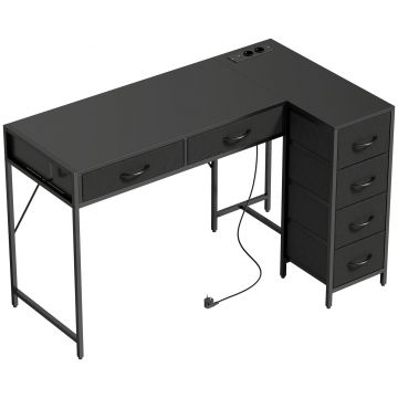 HOMCOM Birou de Colț Reversibil cu Prize și Porturi USB, 126x48 cm Birou în Formă de L cu 6 Sertare din Material Textil, Cârlig Lateral, pentru Computer, Birou, Cameră, Negru | Aosom Romania
