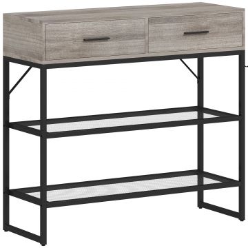 HOMCOM Console Table with 2 Drawers and 2 Mesh Shelves, Hallway Table with Metal Frame for Living Room, Entryway, Light Grey Wood Effect | Aosom Romania