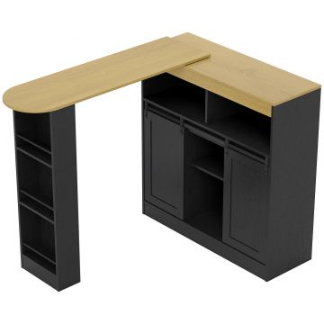 HOMCOM Masă de bar extensibilă, transformabilă în formă în L, mult spațiu de depozitare, 3 rafturi reglabile, PAL, MDF, Negru | Aosom Romania