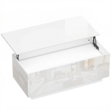 HOMCOM Masă de cafea reglabilă pe înălțime, masă modernă de living cu spațiu ascuns și 2 sertare, Alb lucios | Aosom Romania