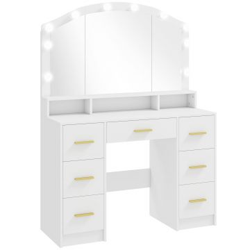 HOMCOM Masă de machiaj cu 10 becuri LED Hollywood, oglindă, 7 sertare, 3 compartimente, MDF, Alb | Aosom Romania