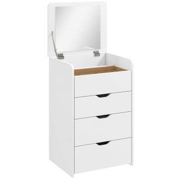 HOMCOM Stație de Machiaj 3 în 1 cu Oglindă Rabatabilă, Scaun Ascuns, Toaletă de Machiaj cu Scaun Tapițat pe Roți, 3 Sertare, Blat din Sticlă Transparentă, Compartiment, Compact, Alb | Aosom Romania