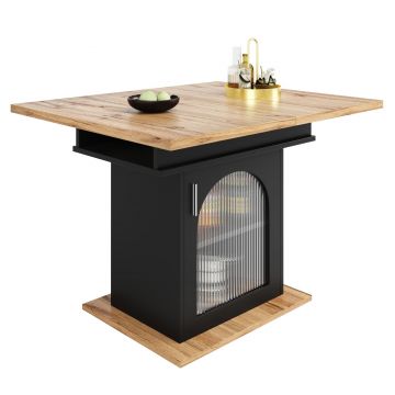 Masă de dining extensibilă cu 3 rafturi și uși din sticlă, 110-140x80x76 cm, Negru