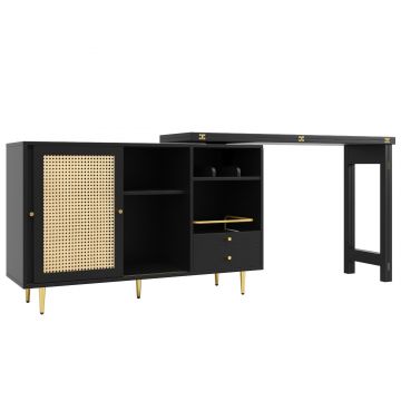 Masă înaltă de design, extensibilă și rotativă la 360°, cu blat rabatabil, dulap de depozitare cu ușă din ratan + raft deschis de depozitare, 107x40x71,4 cm, Negru