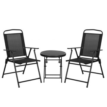 Outsunny Set de Exterior din 3 Piese cu Masă cu Blat din Sticlă și 2 Scaune Pliabile din Plasă, Ф45x50 cm, Gri Deschis | Aosom Romania