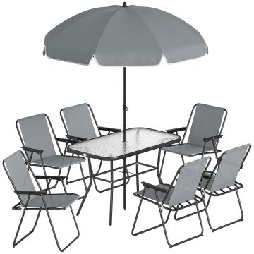 Outsunny Set de Masă de Grădină 8 Piese cu Umbrelă, Set Mobilier Grădină cu 6 Scaune Pliabile, Masă din Sticlă Temperată și Umbrelă pentru Terasă, Gri | Aosom Romania