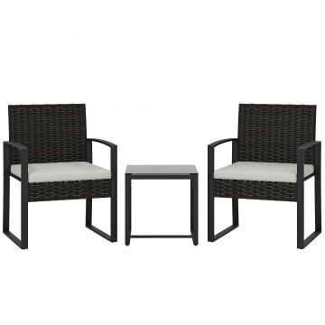 Outsunny Set de Mobilier de Grădină din Ratan Sintetic cu 2 Scaune cu Perne Detașabile și Masă cu Blat din Sticlă, Crem | Aosom Romania