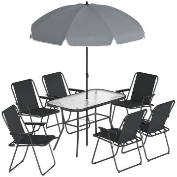 Outsunny Set Dining de Grădină 8 Piese cu Umbrelă, Mobilier de Exterior cu 6 Scaune Pliabile, Masă din Sticlă Temperată și Umbrelă pentru Terasă, Negru | Aosom Romania