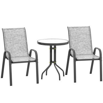 Outsunny Set Mobilier de Grădină din 3 Piese cu Scaune Suprapozabile și Masă din Sticlă, 54x71x93 cm, Gri Închis | Aosom Romania