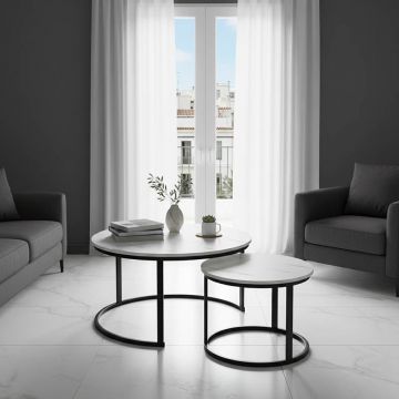 Set de 2 măsuțe de cafea Solme I, alb marmorat/negru, 80x80x45 cm