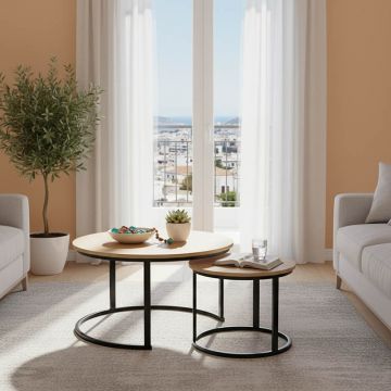 Set de 2 măsuțe de cafea Solme I, stejar/negru, 80x80x45 cm