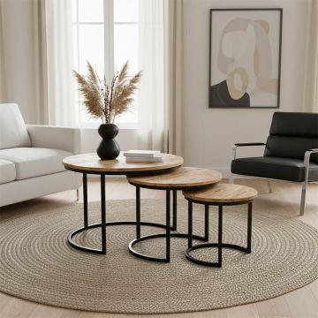 Set de 3 măsuțe de cafea Frina, natural/negru, 70x70x45 cm