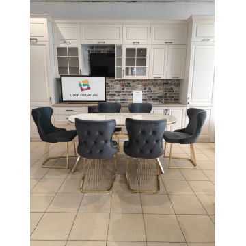 Set stella gri inchis/antracit cu auriu masa+ 6 scaune, blat alb