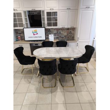 SET STELLA NEGRU CU AURIU MASA+6 SCAUNE, BLAT GRI