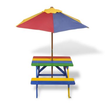 vidaXL Masă de picnic pentru copii cu bănci & umbrelă, lemn multicolor