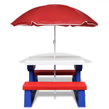 vidaXL Masă de picnic pentru copii cu bănci & umbrelă, multicolor