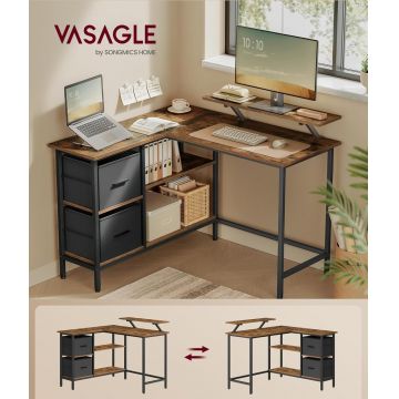 Birou de colt  L-Shaped, Vasagle, design reversibil, 105x115x89.5 cm, PAL/otel, maro rustic