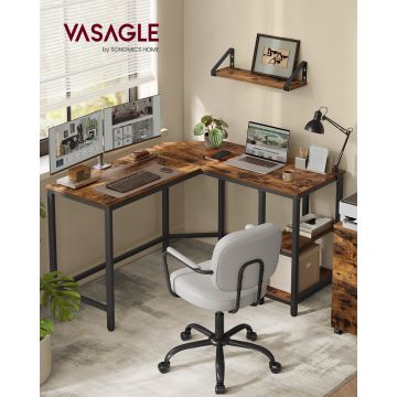 Birou de colt L-Shaped, Vasagle, design reversibil, 130x120x74.7 cm, PAL/otel, maro rustic