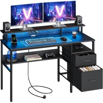 Birou Vasagle Negru, LED, 2 USB-A, 55 x 135 x 90 cm