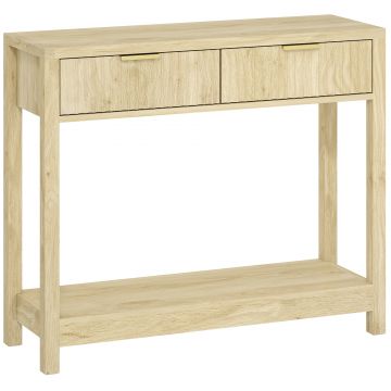HOMCOM Consolă 90 cm, masă consolă îngustă cu 2 sertare canelate și raft, stil modern, lemn natural | Aosom Romania