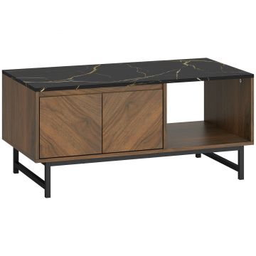 HOMCOM Masă de cafea, masă de living, blat efect marmură, 2 uși și 2 nișe deschise, 100 x 50,8 x 45,7 cm, nuc | Aosom Romania