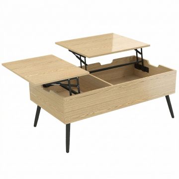 HOMCOM Masă de cafea rabatabilă cu dublu blat, masă de living cu compartiment ascuns și picioare din metal, lemn natural | Aosom Romania