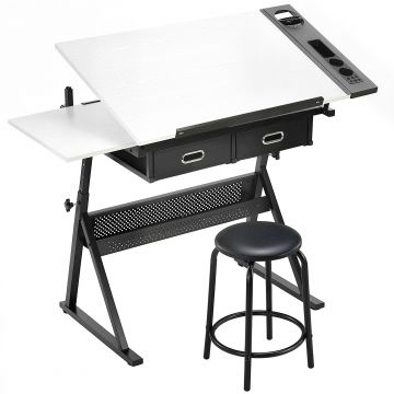 HOMCOM Masă de desen cu taburet și 2 sertare, înălțime reglabilă, blat înclinabil 0° à 60°, 120 x 60 x 68-92 cm, alb | Aosom Romania