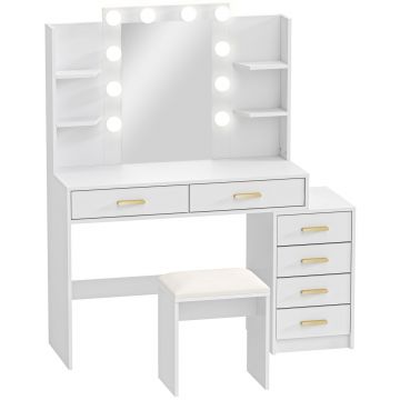 HOMCOM Masă de machiaj cu oglindă iluminată și taburet tapițat, set de machiaj cu 6 sertare și rafturi, Alb | Aosom Romania