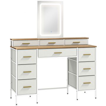 HOMCOM Masă de toaletă cu oglindă și lumini LED 3 culori, masă de machiaj 10 sertare din material textil, 118,5 x 39,5 x 140 cm natural | Aosom Romania