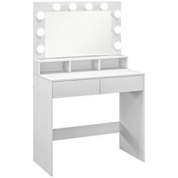 HOMCOM Masă de toaletă cu oglindă iluminată, sertare, 3 opțiuni de lumină, 10 becuri, masă de machiaj modernă în alb | Aosom Romania