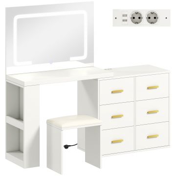 HOMCOM Toaletă cu oglindă și taburet, masă de machiaj cu iluminare LED reglabilă, 6 sertare, 118 x 78 x 135 cm, alb | Aosom Romania