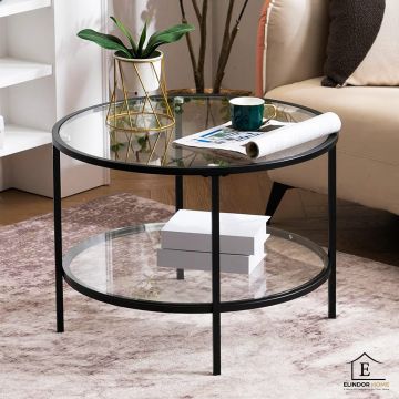 Masa de Cafea Elindor® din Sticla, Rotunda, Design Industrial, Ideala pentru Living, Birou, Dormitor, Mobila Multifunctionala, Moderna, Greutate Maxima Suportata 45 kg, Cos Depozitare, 65x65x49 cm, Negru - Default Title